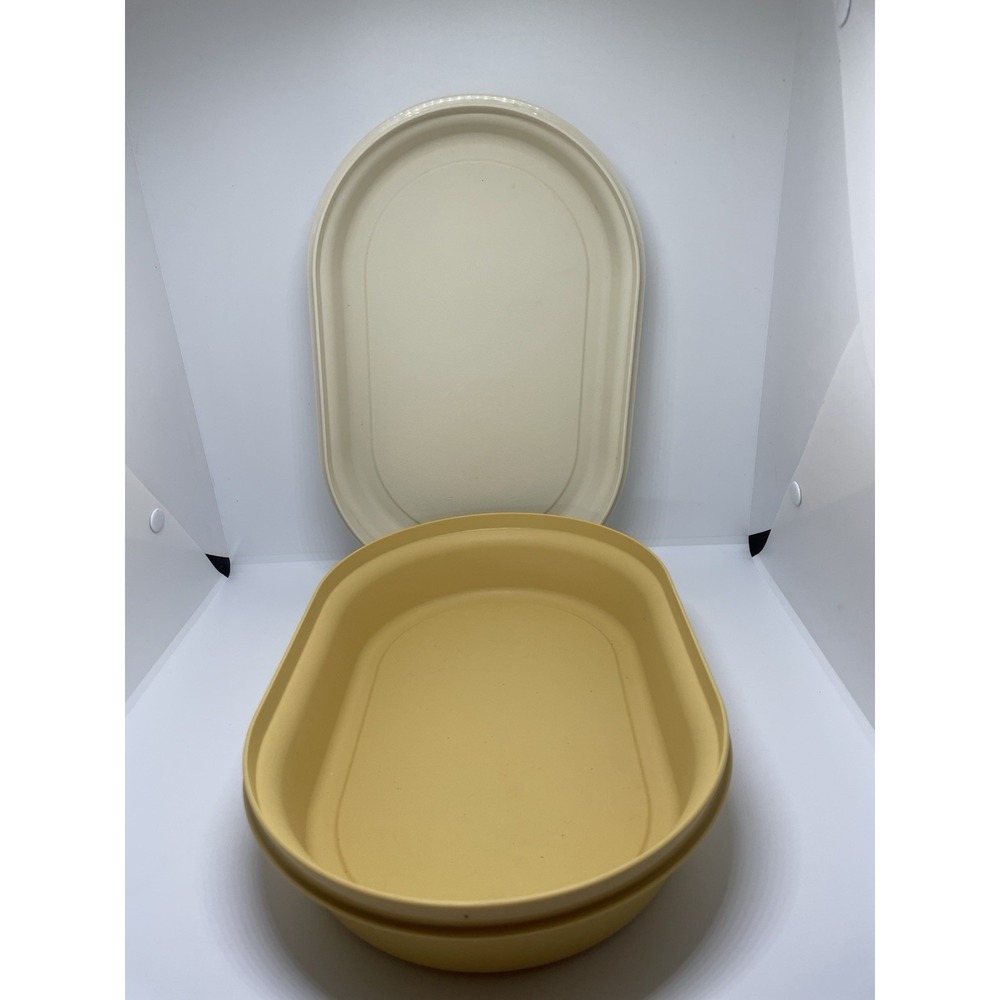 VTG TUPPERWARE 2 PC OVAL SERVER SET HARVEST GOLD/ALMOND - Picture 3 of 6